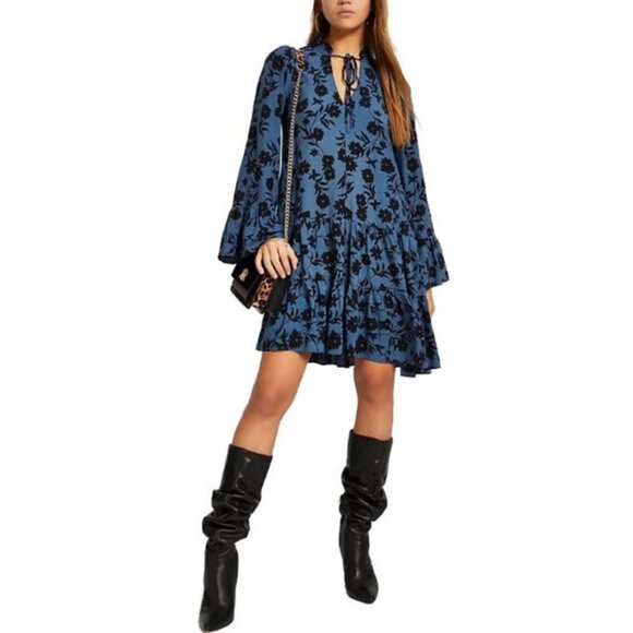 River Island blue and black floral long sleeve mini smock dress size 10 - Picture 1 of 7
